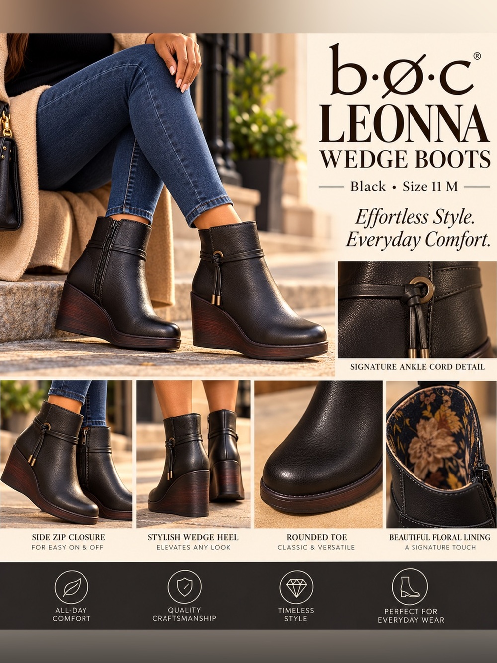 b.o.c. Leonna Black Wedge Ankle Boots with Wood-Tone Heel size 11